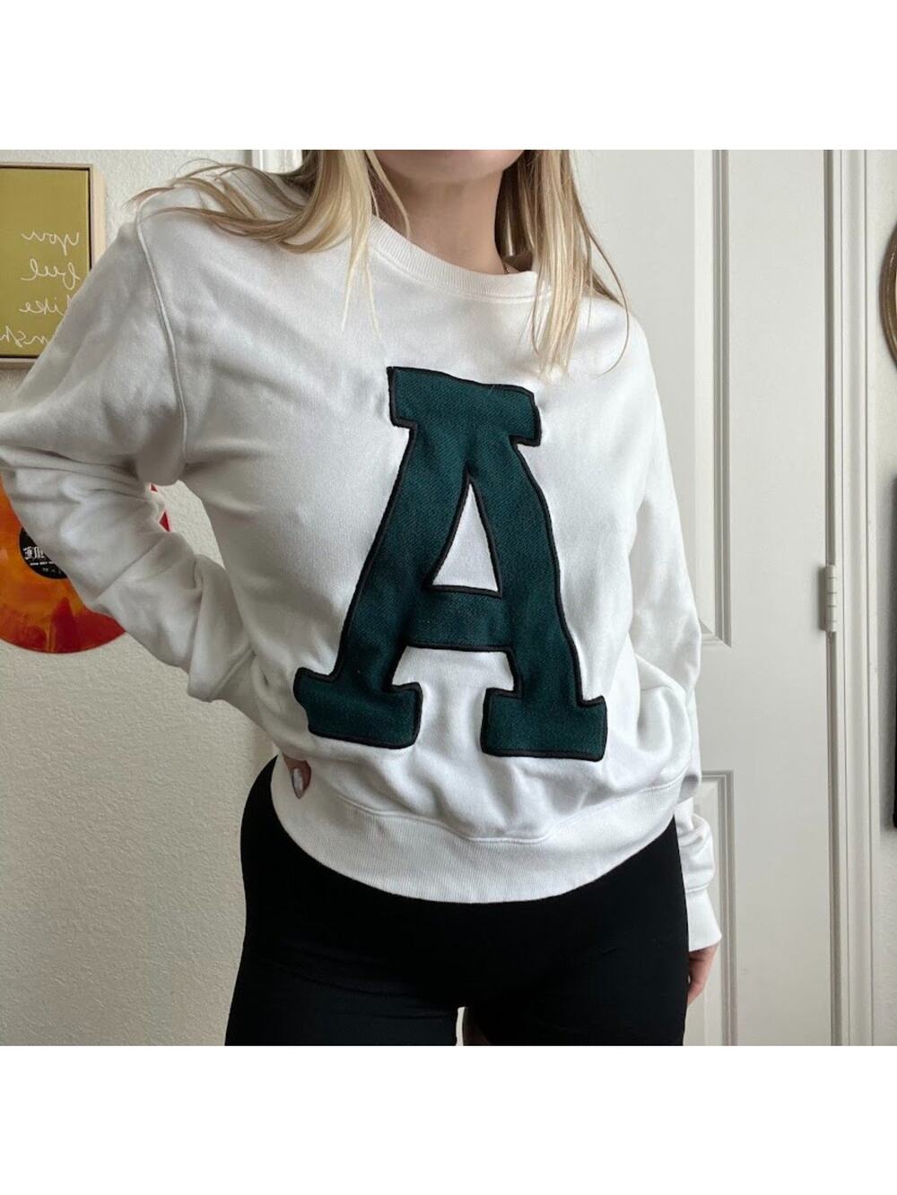 MAEVE By Anthropology White "A" Initial Embroidered Crewneck Sweater Sz M